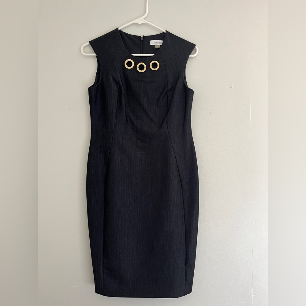 Calvin Klein Black Sheath Dress with Gold Ring Neckline